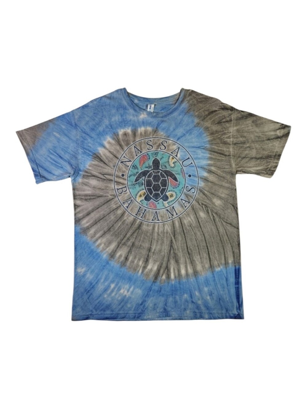 Y2K NASSAU BAHAMAS Sea Turtle Spiral Tie Dye Graphic Tee Blue Medium Bohi Travel